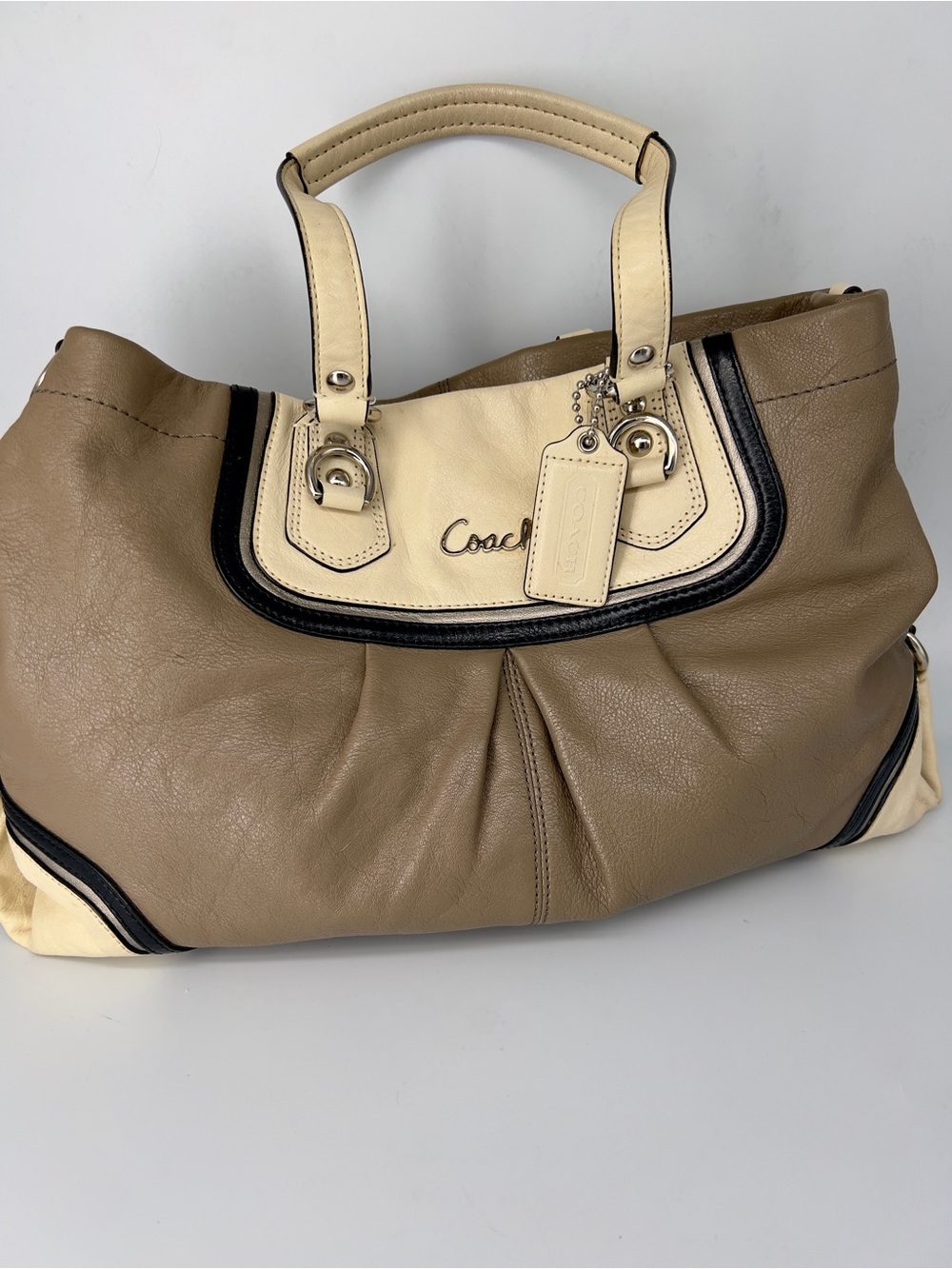 Coach Two-Tone Taupe & Cream Shoulder Bag with Black Trim